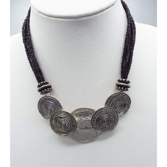 Chico's Sevilla Silver tone Medallions Black Seed Bead Necklace 20" - Picture 1 of 4